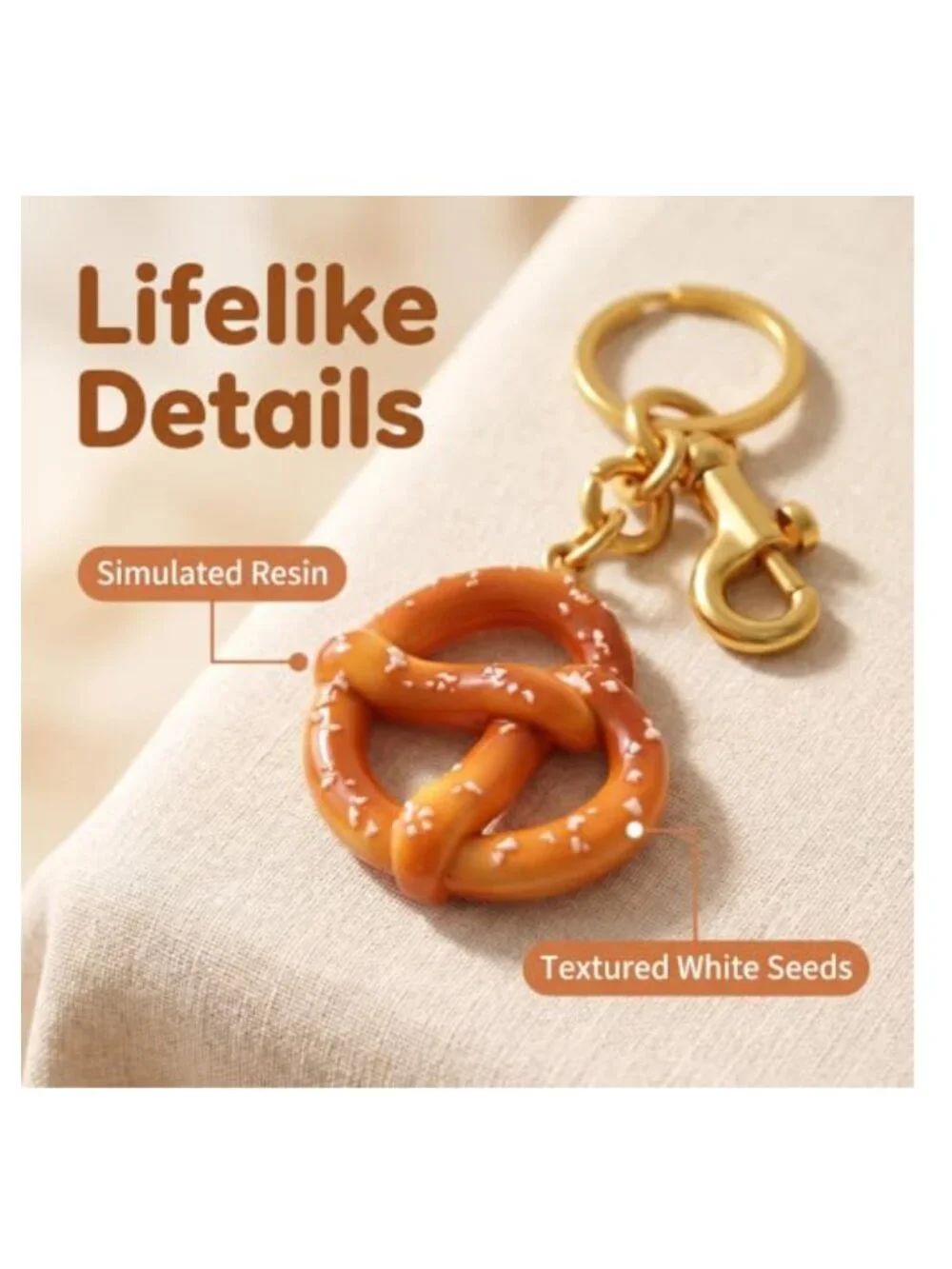 Pretzel Charm Keychain Purse Accessory Gift for Women Resin Clip-On